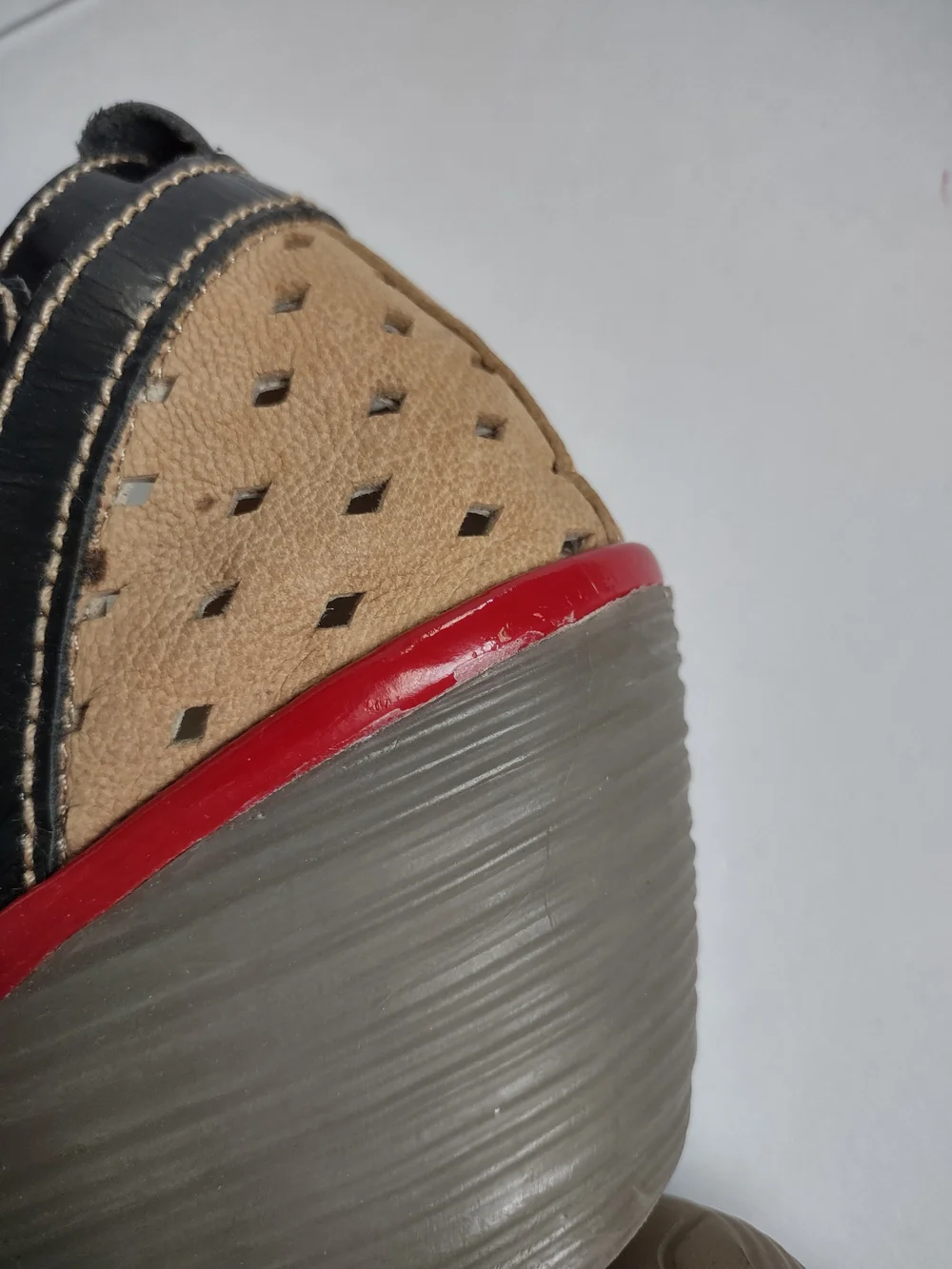 Fly London Tan and Black Wedge Sandals with Red Trim